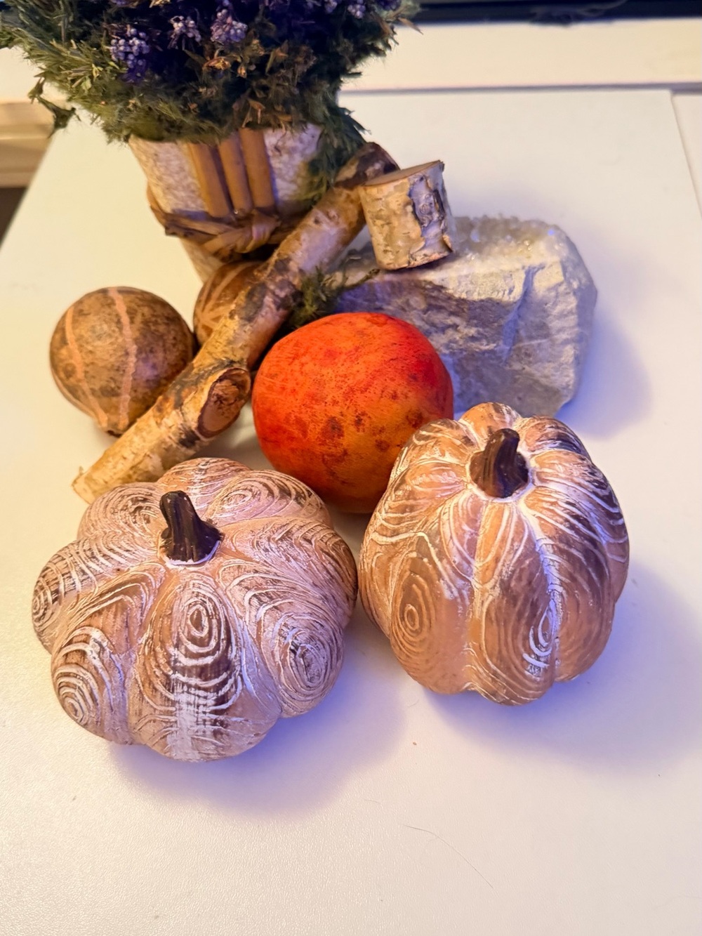 Small 4 inch Wooden Rustic Whitewashed Pumpkin Décor Set - Fall Table Accent